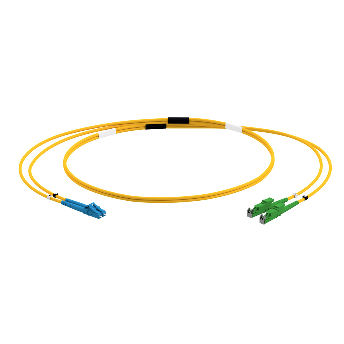 Fiber optic patch cord duplex singlemode OS2, LC-PC/E2000®-APC, I-V(ZN)H 2x 2,1 mm