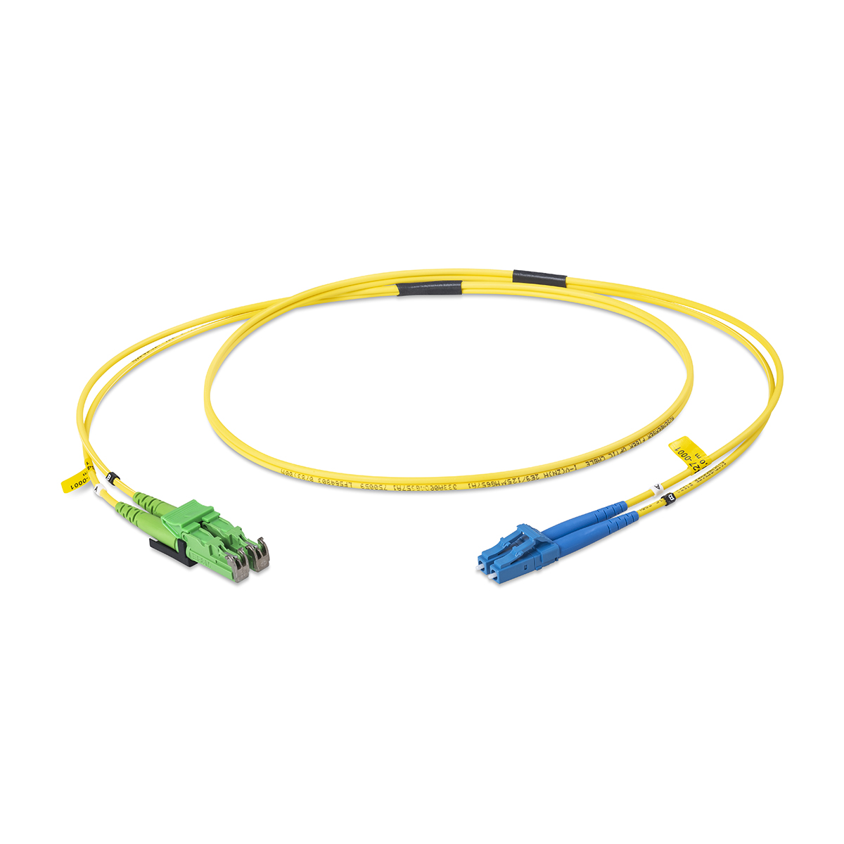 Fiber optic patch cord duplex singlemode OS2, LC-PC/E2000®-APC compact, I-V(ZN)H 2x 2,1 mm