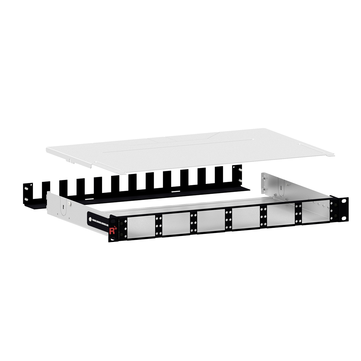 SMAP-G2 HD 19" 1HU empty distribution panels, RAL9005 black, back plane with 12 PreCONNECT® square interfaces, 6/6 widths partition, depth 300 mm